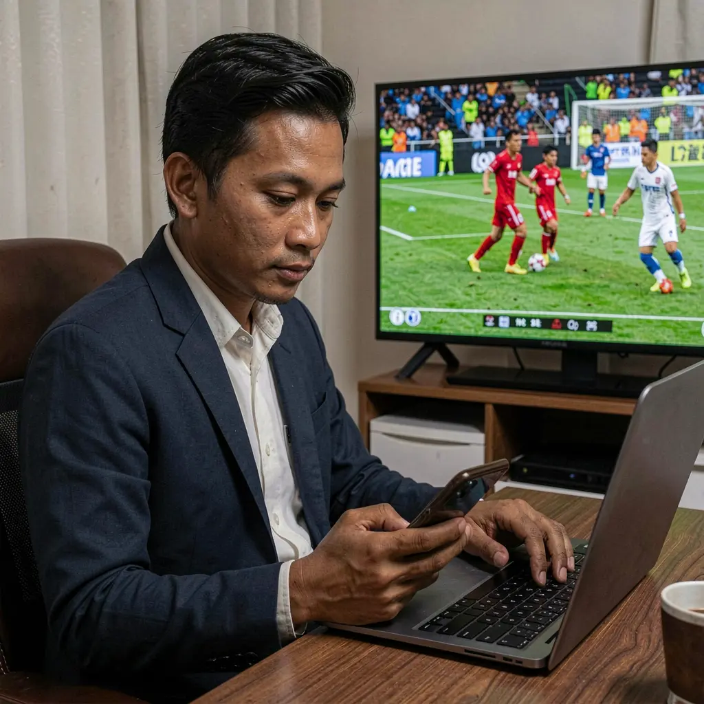 Focused Malaysian sports bettor placing online wagers on a laptop and smartphone with live soccer highlights on TV using cuciking33