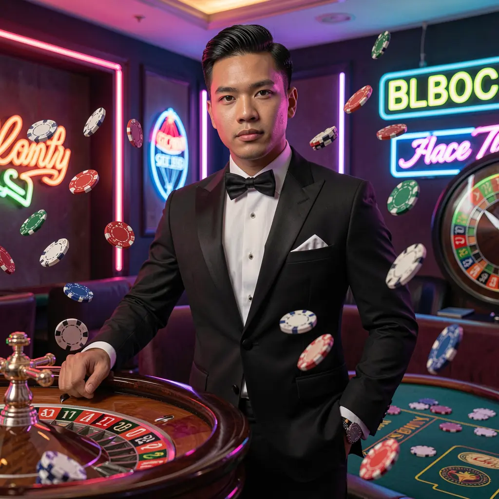 Luxury casino atmosphere with a stylish dealer in a tuxedo at a roulette table surrounded by glowing chips representing the premium gaming experience of cuciking33 in Malaysia